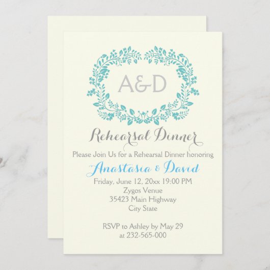 Invitation Aqua feuillage initiales dîner de répétition maria (Devant / Derrière)