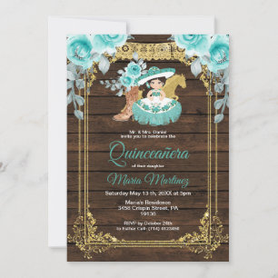 Invitation Aqua Flowers Princess Quinceañera Mexicaine 