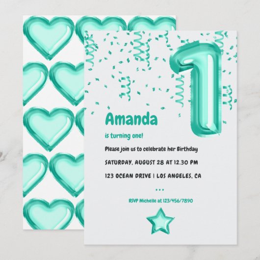 Invitation Aqua Foil Balloon et Confetti 1er anniversaire (Devant / Derrière)