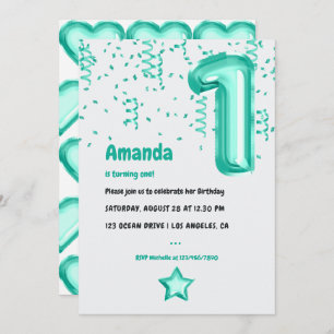 Invitation Aqua Foil Balloon et Confetti 1er anniversaire