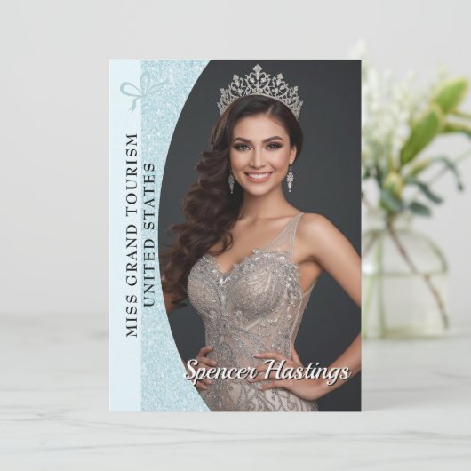 Invitation Aqua Glitz Autograph Cards for Pageants | QR Code (Debout devant)