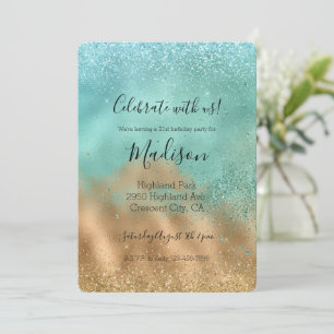 Invitation Aqua Glitz Gold Parties scintillant