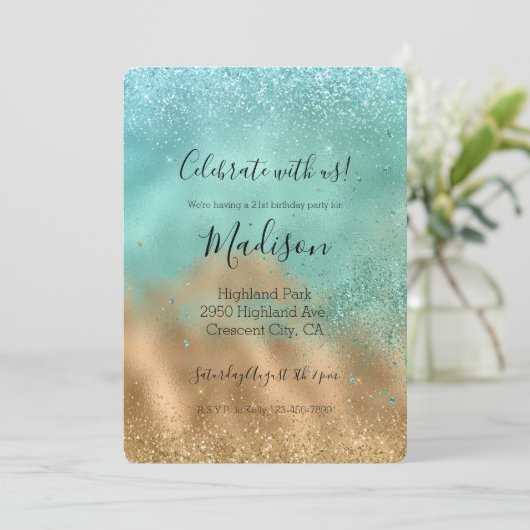 Invitation Aqua Glitz Gold Parties scintillant (Debout devant)