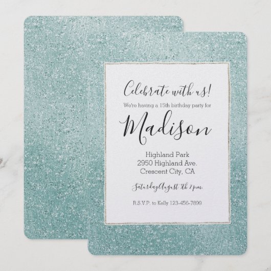 Invitation Aqua Glitzy Ombre (Devant / Derrière)