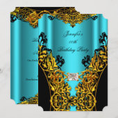 Invitation Aqua Gold Black dentelle diamant fête d'anniversai (Devant / Derrière)