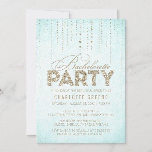 Invitation Aqua & Gold Parties scintillant Look Bachelorette (Devant)