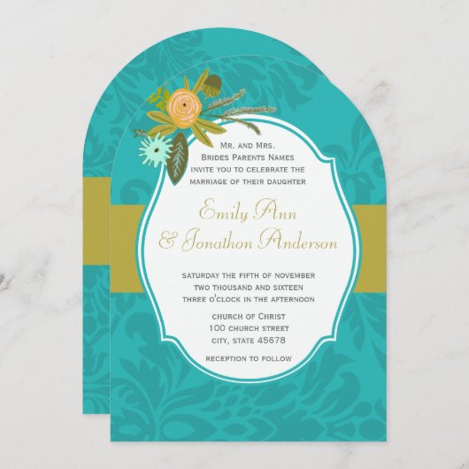 Invitation Aqua Golden Lime Chartreuse Mariage damassé Invita (Devant / Derrière)