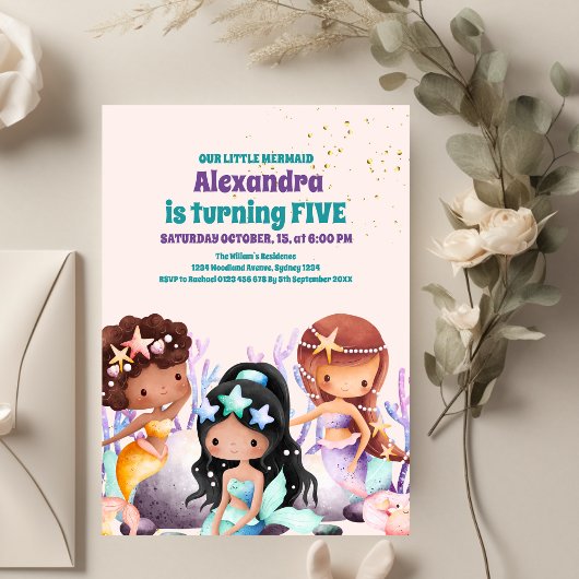 Invitation Aqua Green Gold Little Mermaid Anniversaire