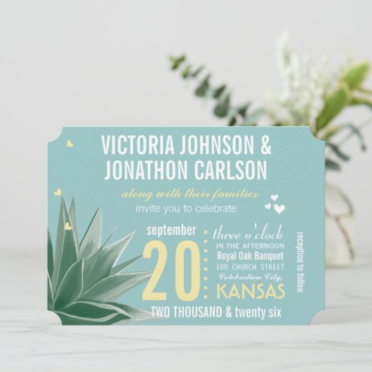 Invitation Aqua Jaune Mariage de typographie Succulente (Debout devant)