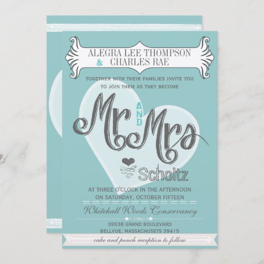 Invitation Aqua M. et Mme Mariages de typographie (Devant / Derrière)