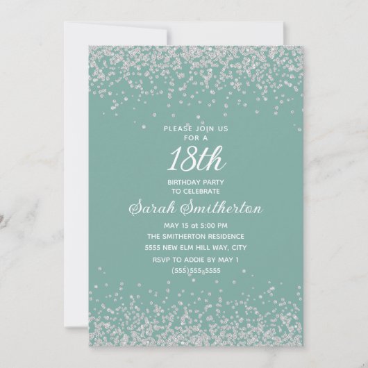 Invitation Aqua Menthe Argent Paillettes Diamant 18e Annivers (Devant)