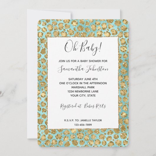 Invitation Aqua Mint Glitz Paillettes Léopard Or (Devant)
