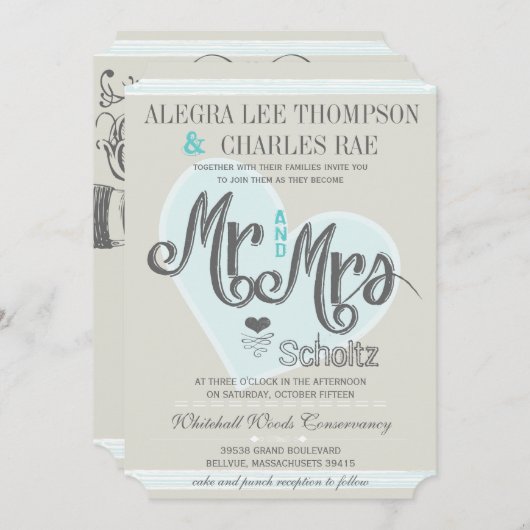 Invitation Aqua Mint M. et Mme Romantic Mariages (Devant / Derrière)
