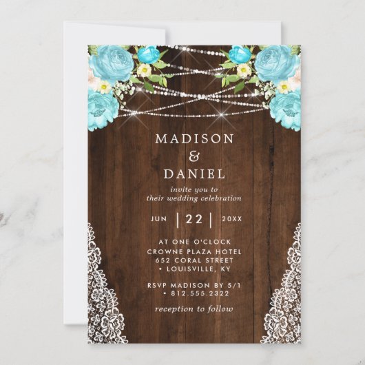 Invitation Aqua Mint Rustic Bois String éclaire le Mariage Fl (Devant)