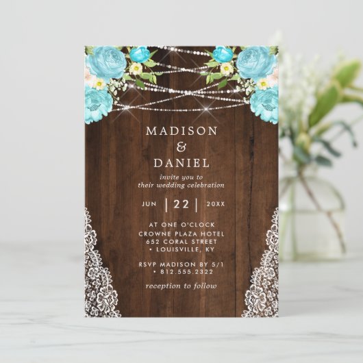 Invitation Aqua Mint Rustic Bois String éclaire le Mariage Fl (Debout devant)
