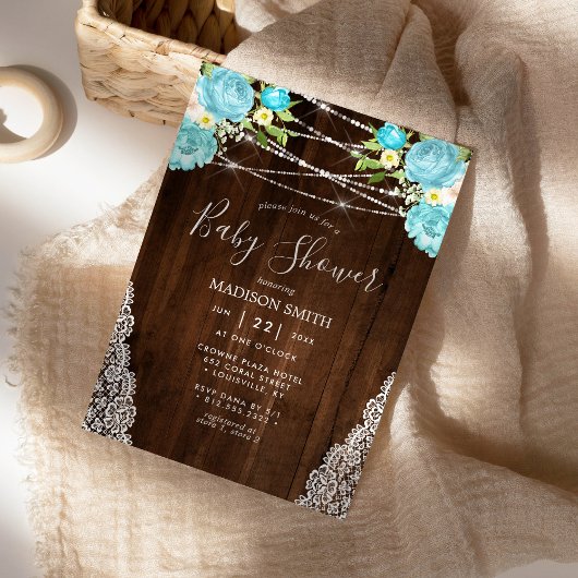 Invitation Aqua Mint Rustic String éclaire le Baby shower Flo