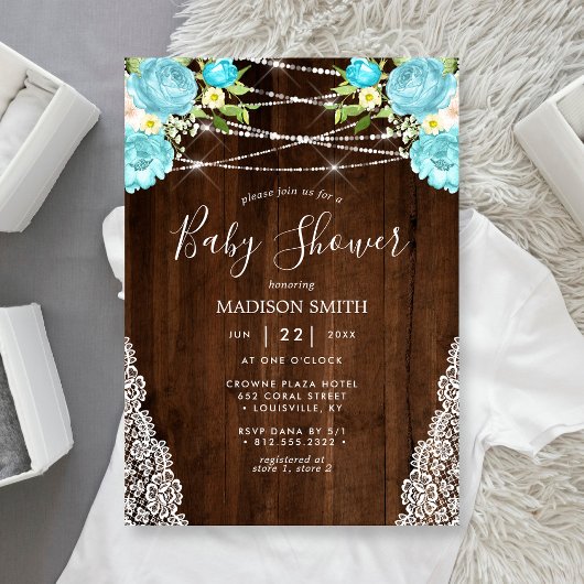 Invitation Aqua Mint Rustic String éclaire le Baby shower Flo