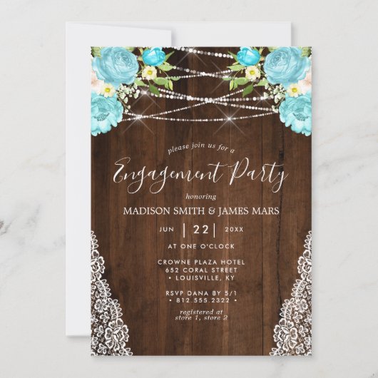 Invitation Aqua Mint Rustic String éclaire le Fiançailles flo (Devant)
