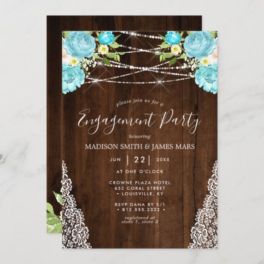 Invitation Aqua Mint Rustic String éclaire le Fiançailles flo (Devant / Derrière)