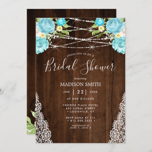 Invitation Aqua Mint Rustic String Lumière Fête des mariées F (Devant / Derrière)