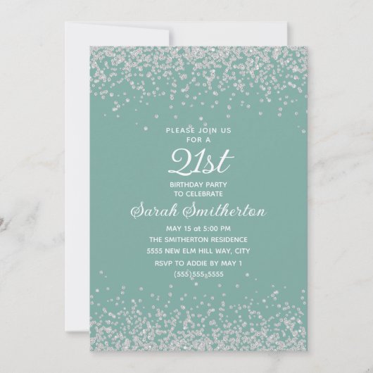 Invitation Aqua Mint Silver Diamond Parties scintillant 21e a (Devant)