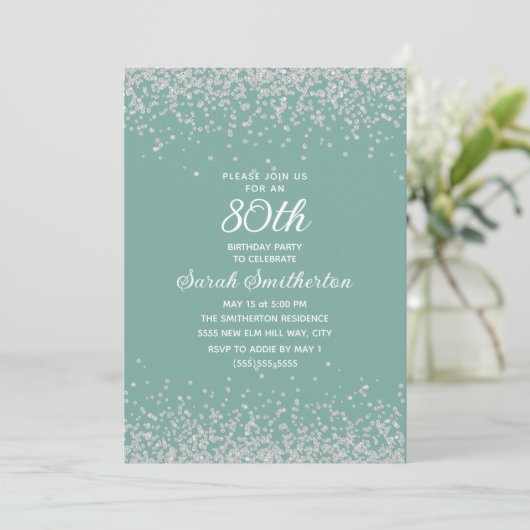 Invitation Aqua Mint Silver Diamond Parties scintillant 80e a (Debout devant)