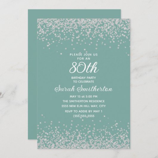Invitation Aqua Mint Silver Diamond Parties scintillant 80e a (Devant / Derrière)