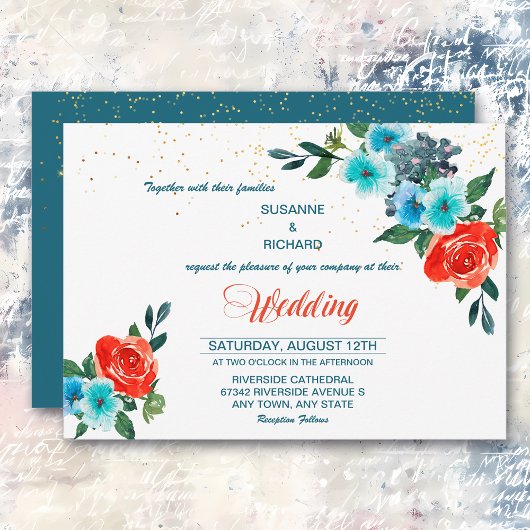 Invitation Aqua moderne et Mariage floral de corail