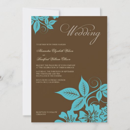 Invitation Aqua moderne/Faire-part de mariage floral Brown (Devant)