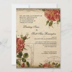 Invitation Aqua n Cream Vintage Tour Eiffel Rose Mariage