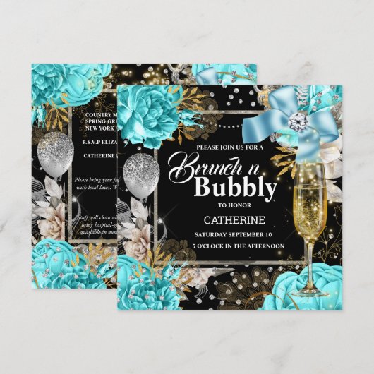 Invitation Aqua noir rose shabby chic parties scintillant bul (Devant / Derrière)