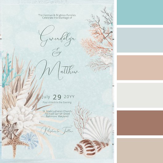 Invitation Aqua Ocean & Coques modernes