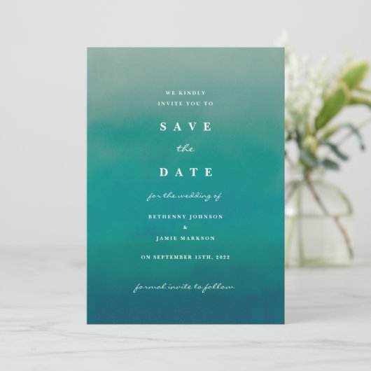 Invitation Aqua Ombre Boho Enregistrer l'invitation de la dat (Debout devant)