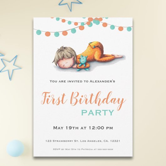 Invitation Aqua Orange Sleeping Boy Garland Premier anniversa