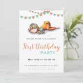 Invitation Aqua Orange Sleeping Boy Garland Premier anniversa (Debout devant)