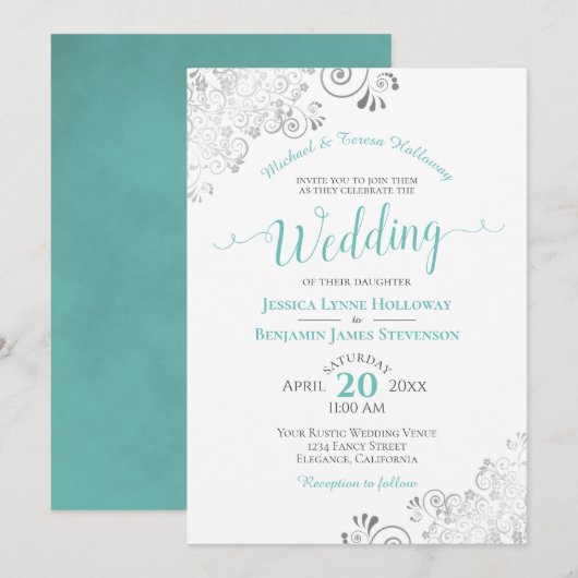Invitation Aqua ou Cyan & Silver Lace Mariage blanc officiel (Devant / Derrière)