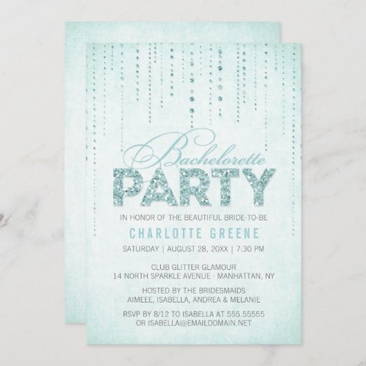 Invitation Aqua Parties scintillant Look Bachelorette Party I (Devant / Derrière)