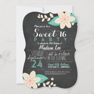 Invitation Aqua & Pink Floral Chalkboard Sweet 16 Party