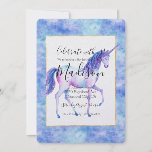 Invitation Aqua Purple White Unicornes Anniversaire (Devant)