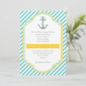 Invitation Aqua, rayures blanches et ancre mariage nautique (Debout devant)