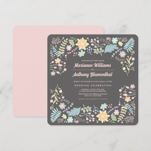 Invitation Aqua rose gris clair Mariage floral moderne (Devant / Derrière)