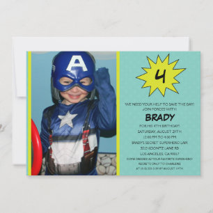 Invitation Aqua Save the Day Superhero Photo Party Birthday