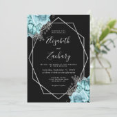 Invitation Aqua Silver Floral Black QR Code Wedding (Debout devant)