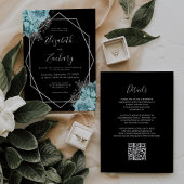 Invitation Aqua Silver Floral Black QR Code Wedding