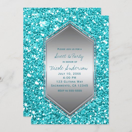 Invitation Aqua Silver Parties scintillant Glam Anniversaire  (Devant / Derrière)