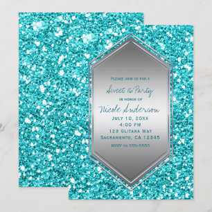 Invitation Aqua Silver Parties scintillant Glam Anniversaire 