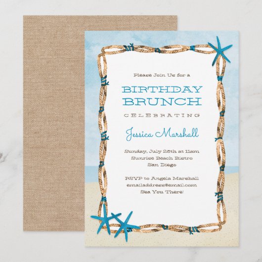 Invitation Aqua Starfish et Watercolor Beach Anniversaire (Devant / Derrière)