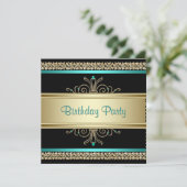 Invitation Aqua Turquoise Blue Gold Black Womans fête d'anniv