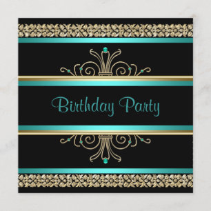 Invitation Aqua Turquoise Blue Gold Black Womans fête d'anniv