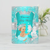 Invitation Aqua Turquoise Blue Princess Baby shower Blonde Gi (Debout devant)